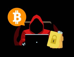 Wall Mural - hoodie hacker with locked files using a computer asking for bitcoin criptocurrency money