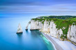 Etretat Aval cliff and rocks landmark and ocean . Normandy, France.