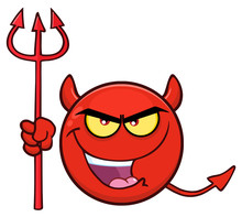 Red Devil Cartoon Emoji Face Character With Evil Expressions Holding A Trident. Illustration Isolated On White Background