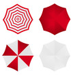 Set of white red striped blank classic opened round rain umbrella .Top View Mock up . Vector
