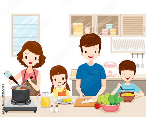 Happy Family Cooking Food In The Kitchen Together Kitchenware Crockery House Home Room Stock Vektorgrafik Adobe Stock