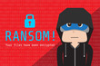 Illustration of hoodie people on background data that encrypted by ransom ware, Wanna Cry malware concept.