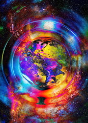 Aufkleber - Planet Earth in light circle, Cosmic Space background.