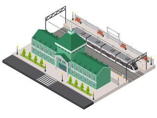 Sticker - Railway Station, Platform and Train Isometric. Vector