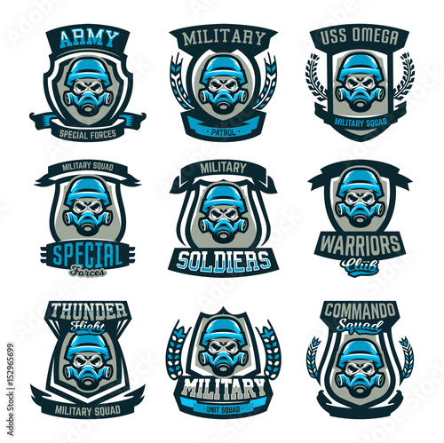 Download A Set Of Colored Emblems Logos A Skull In A Military Helmet And A Gas Mask Military Actions Conflict War Soldier Warrior Sport Shield Vector Illustration Isolated Objects Buy This Stock PSD Mockup Templates