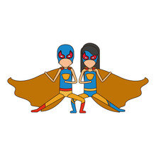 Colorful Silhouette With Faceless Duo Of Superheroes In Defensive Pose And Her With Straight Long Hair And Closed Eyes Vector Illustration