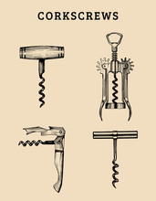 Hand Drawn Vector Corkscrews Set. Retro Illustrations Collection Of Different Spins In Sketch Style.