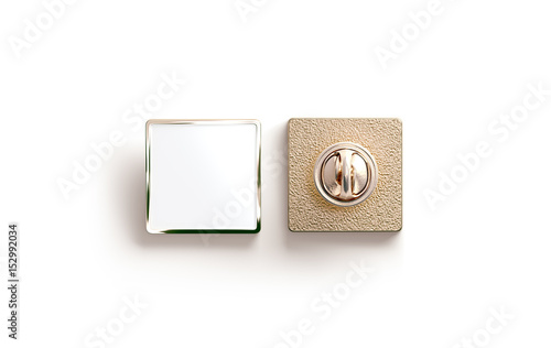 Download Blank Gold Enamel Pin Mock Up Front And Back Side View 3d Rendering Empty Luxury Hard Lapel Badge Mockup Golden Clasp Pin Design Template Matal Square Brooch For Logo Presentation Stock Photo