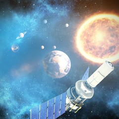 Wall Mural - composite image of low angle view of 3d modern solar satellite