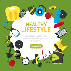 Wall Mural - Healthy Lifestyle Tools Round Design Template Banner Card. Vector