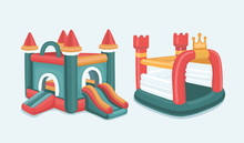 Big Vector Illustration Set Of Inflatable Castles. Pictures Isolate On White Background