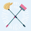 Cartoon illustration of mop and broom isolated. Cleaning symbols
