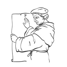 Martin Luther (1483-1546) The Key Person In Protestant Reformation, Nailing The Theses To The Door Of The Castle Church At Wittenberg. Vector Illustration.
