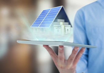 Poster - money house with blue lights on tablets