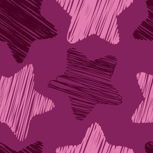 Stars Seamless Pattern, Vector. Pink And Purple Colors, Grunge Style. Childish Pattern With Stars.  Use For Textile Patterns, Packaging Design, Wrapping Paper, Wallpaper, Gadgets And More