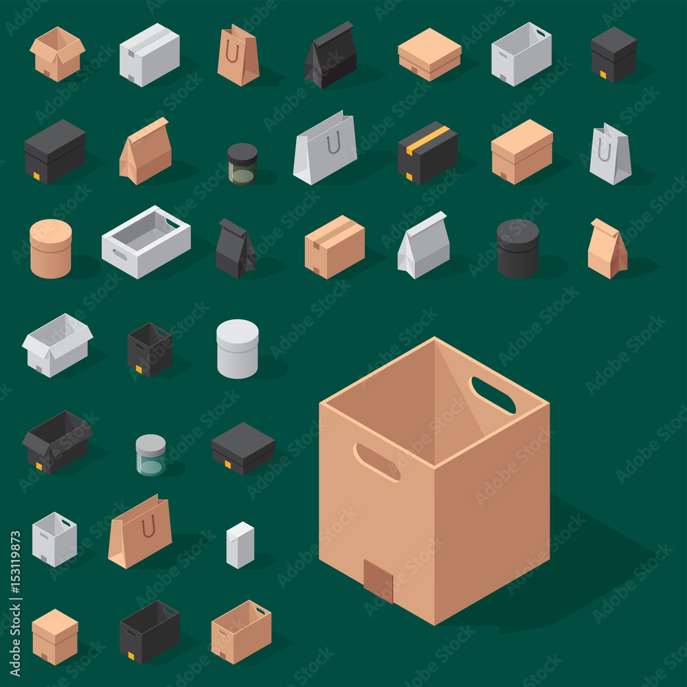 Different box vector isometric icons isolated move service or gift ...