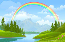 Hills, Mountains, Trees, Lake, Sky, Grass And A Rainbow. 