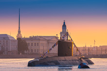 Submarine. St. Petersburg. Neva. Warships. Holiday Of The Russian Navy.