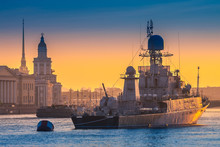 St. Petersburg. Neva. Warships. Holiday Of The Russian Navy.