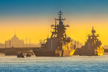 St. Petersburg. Neva. Warships. Holiday Of The Russian Navy.