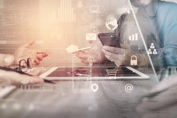 Poster - co working team meeting concept,businessman using smart phone and laptop and digital tablet computer in modern office with virtual interface icons network diagram