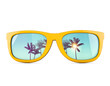 Summer sunglasses with tropical palm tree reflections.