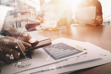 Poster - co working team meeting concept,businessman using smart phone and digital tablet and laptop computer in modern office with virtual icon diagram
