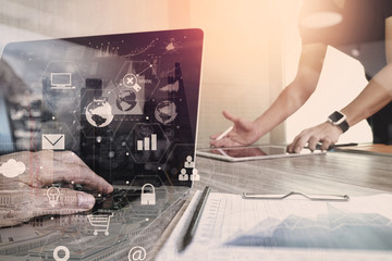 Poster - co working team meeting concept,businessman using smart phone and laptop and digital tablet computer in modern office with virtual interface icons network diagram