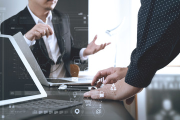 Poster - co working team meeting concept,businessman using smart phone and digital tablet and laptop computer in modern office