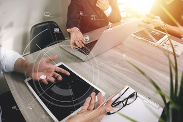 Poster - co working team meeting concept,businessman using mobile phone and digital tablet and laptop computer in modern office with virtual icon diagram