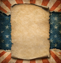 Grunge Blank Paper Parchment Or Declaration Over USA Flag Independence Day Template 3d Illustration