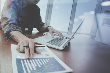 Poster - businessman working with mobile phone and digital tablet and laptop computer on wooden desk in modern office with virtual icon diagram