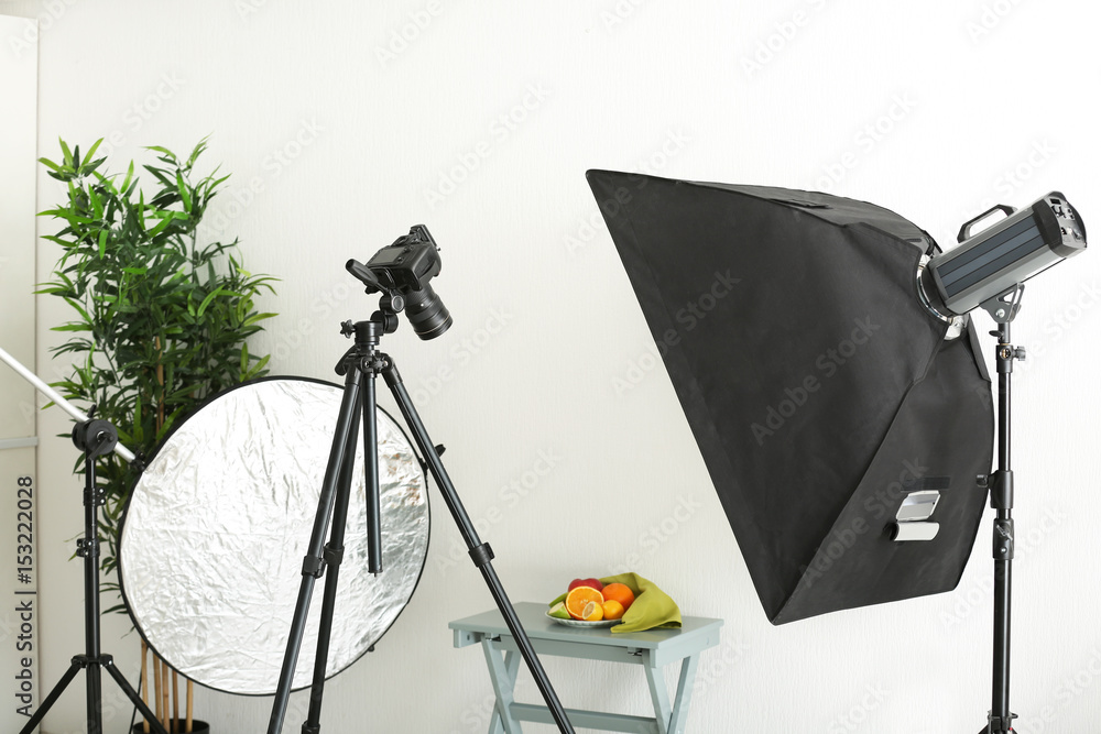 Photo studio with professional lighting equipment while shooting food