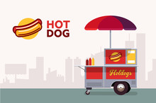 Hot Dog Street Cart. Fast Food Stand Vendor Service. Kiosk Seller Business. Flat Banner. Vector Illustration.