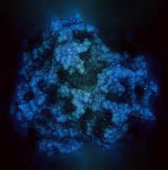 Poster - Platelet-derived growth factor receptor A (PDGFRA, kinase domain) protein. Target of anticancer monoclonal antibody olaratumab. 3D rendering based on protein data bank entry 5k5x.