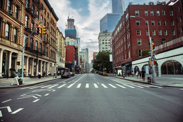 new york city street road in manhattan at summer time. urban big city life concept background.
