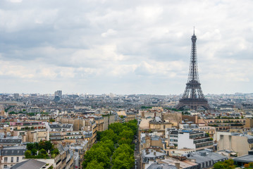  View over Paris Eiffel Tower cloudy sky city center
