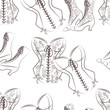 Retro seamless pattern of graceful women corset and  stylish  shoes on white background.