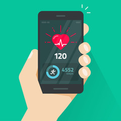 Heartbeat indicator on mobile phone screen, pulse meter with heart beat and running activity information, fitness health app on cellphone and walking steps counter vector illustration