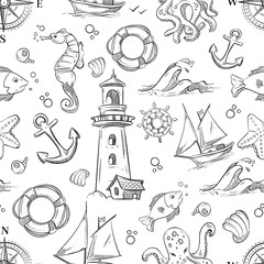 Wall Mural - Nautical vector doodle seamless pattern with sea animals, sailboat and anchor