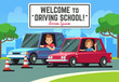 Driving school vector background with young happy driver in cars on road