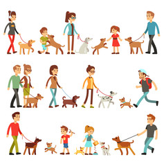 Canvas Print - Happy people with pets. Women, men and children playing with dogs and puppes