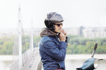 Young Man Portrait Wearing Motorcycle Helmet