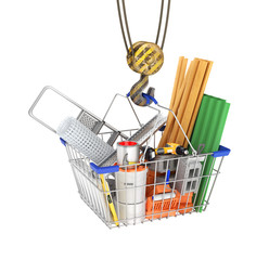 Construction crane holding a cable basket for purchases with building materials. 3d illustration