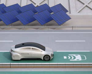 Wall Mural - Electric car driving on the wireless charging lane of the highway.  Solar panel station on the roadside. 3D rendering image.