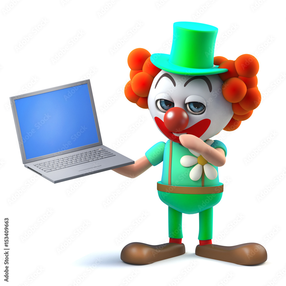 3d Funny cartoon crazy clown character has a laptop pc device