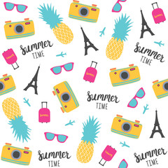 Wall Mural - Summer pattern with pineapples, photo camera, Eiffel Tower. Vector illustration