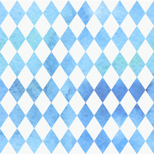 Oktoberfest Bavarian Watercolor Aquarelle Traditional Blue White Beautiful Background Pattern. Bavarian Traditional Seamless With Watercolor Blue Rhombus Background. Vector Illustration. EPS 10