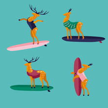Funny Cartoon Deers On Surfboard In Swimsuit. Characters Flat Style Illustration. Summer Beach Surfing.