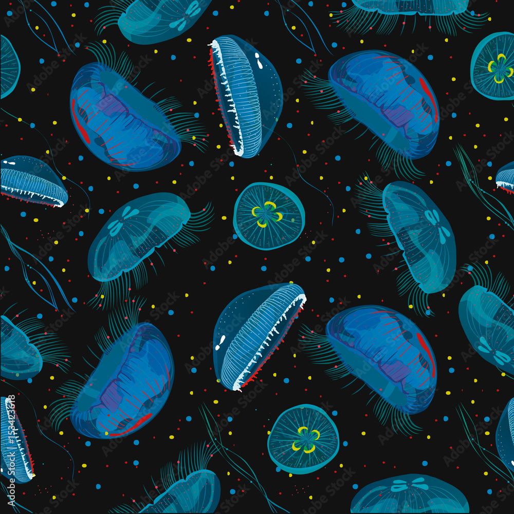 Seamless pattern with detailed transparent jellyfish. Blue sea jelly on ...
